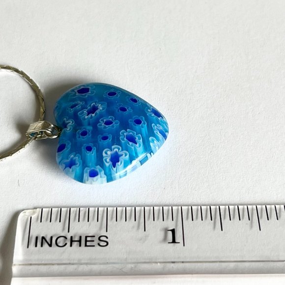 Aqua Blue Murano Art Glass Heart Necklace 18" Millefiori Flowers Silver Plated - Picture 9 of 9